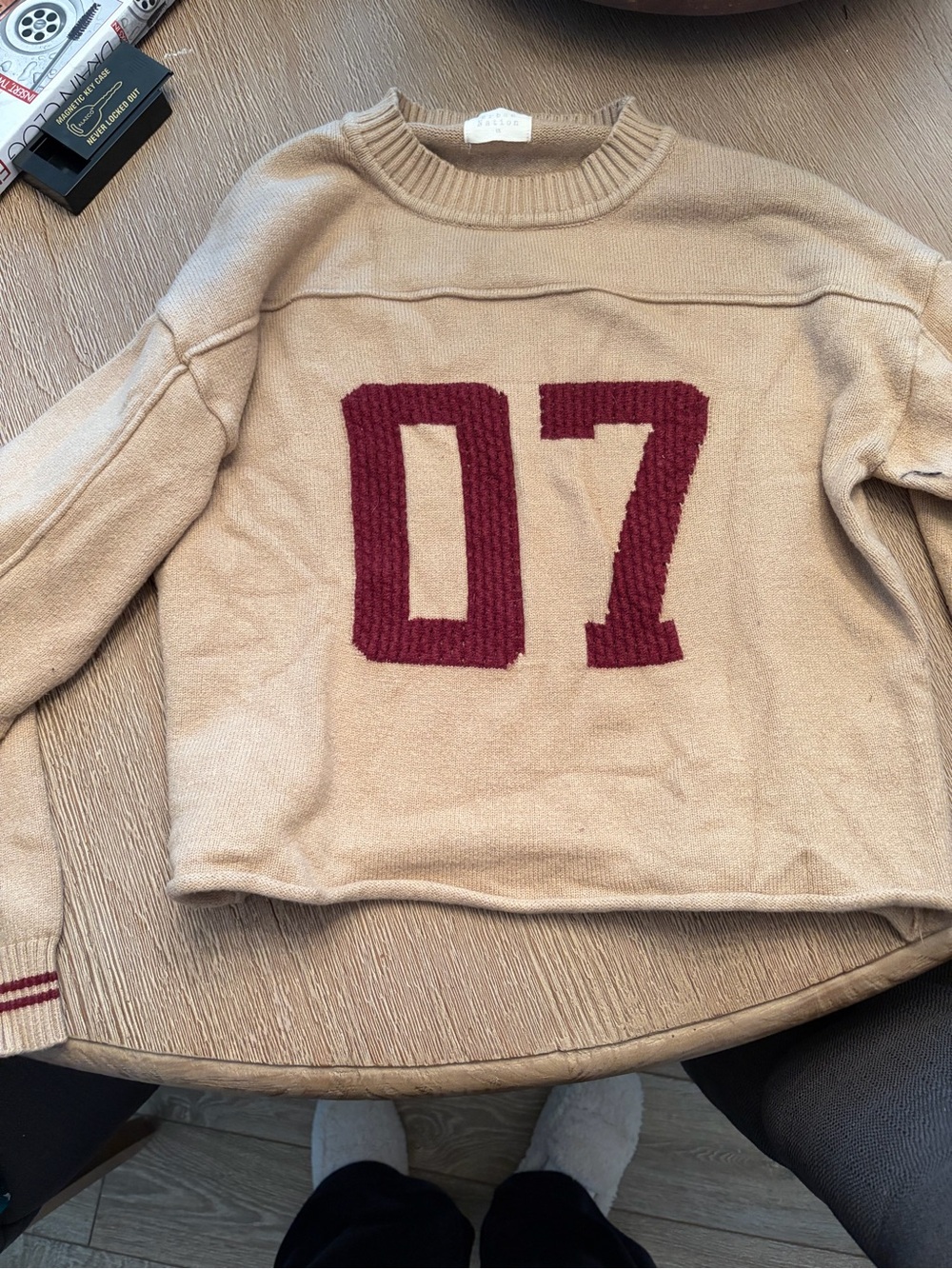 Women's Beige Crewneck Sweater with Burgundy '07' Motif